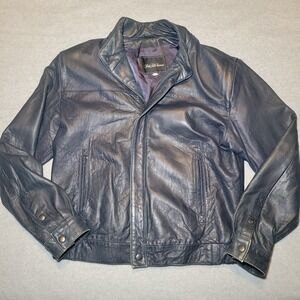 Saks Fifth Avenue Mens Navy Blue Leather Bomber Jacket Legit Graphic  Size 38